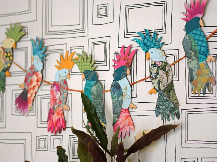 tropical bird cockatoo upcycled paper wall garland feature image