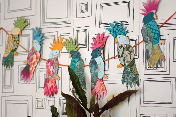 tropical bird cockatoo upcycled paper wall garland feature image