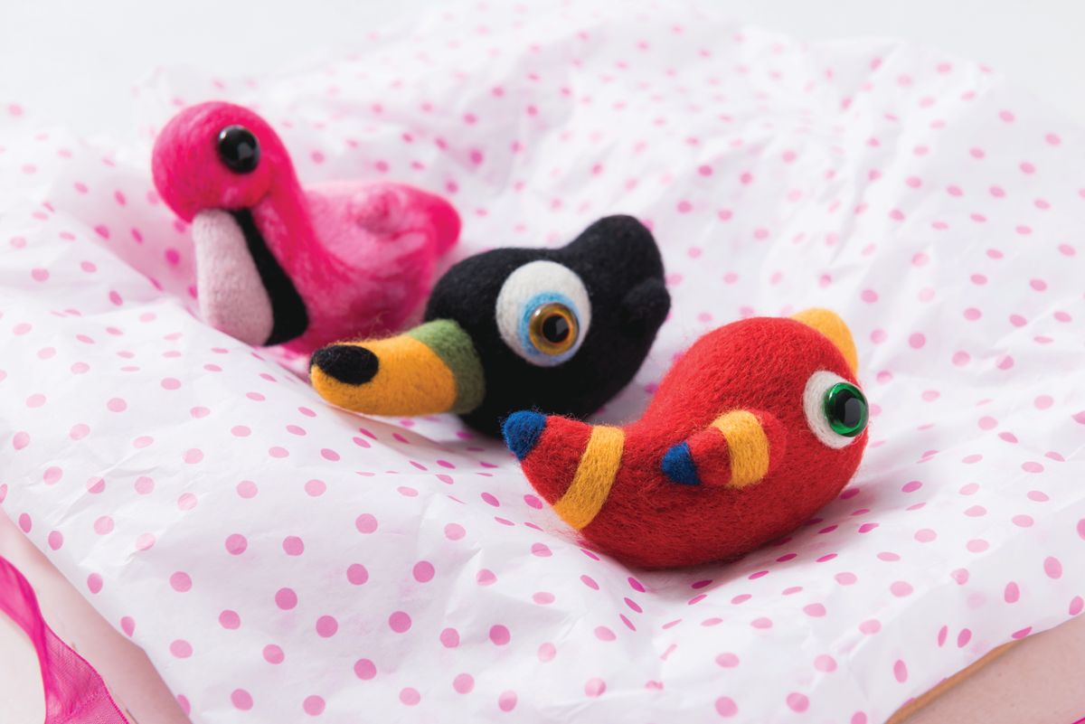 three needle felted tropical birds