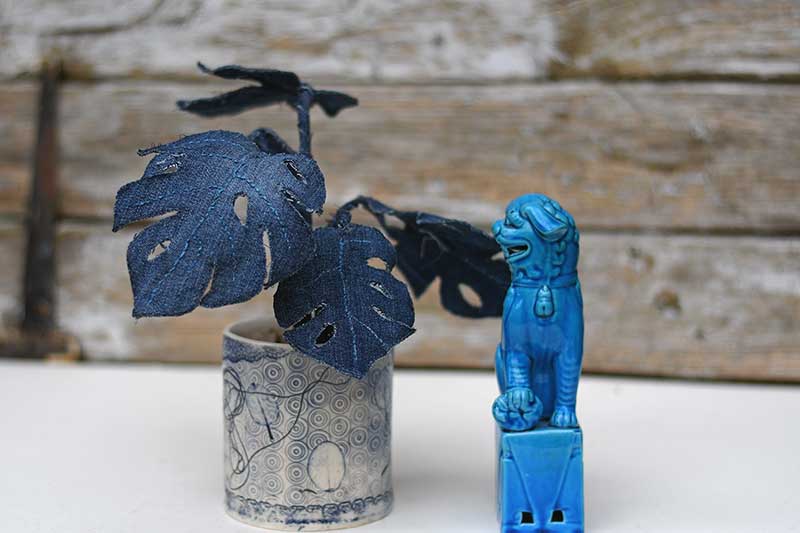 finished denim Monstera Plant
