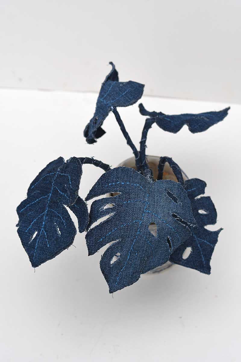 putting the stems through the cork center of pot denim Monstera Plant