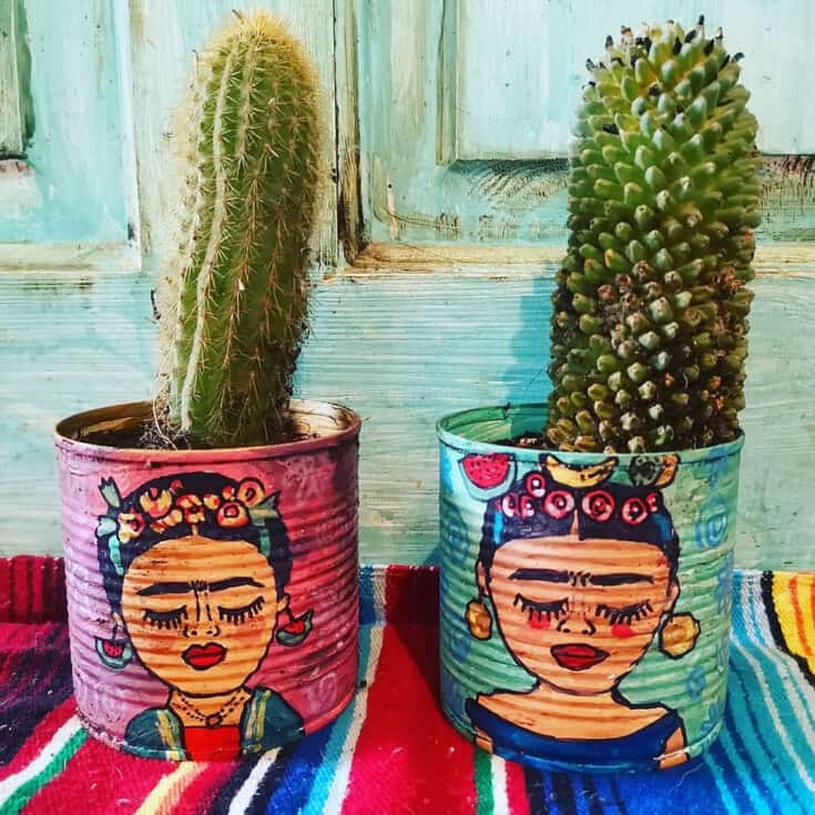 Frida Kahlo upcycled tin can cactus planters