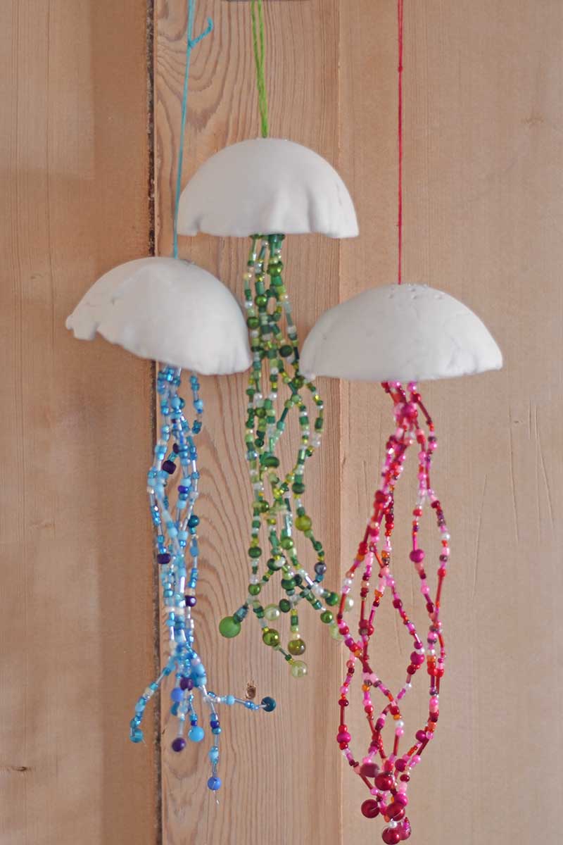 All three red green and blue hanging airdry clay jellyfish