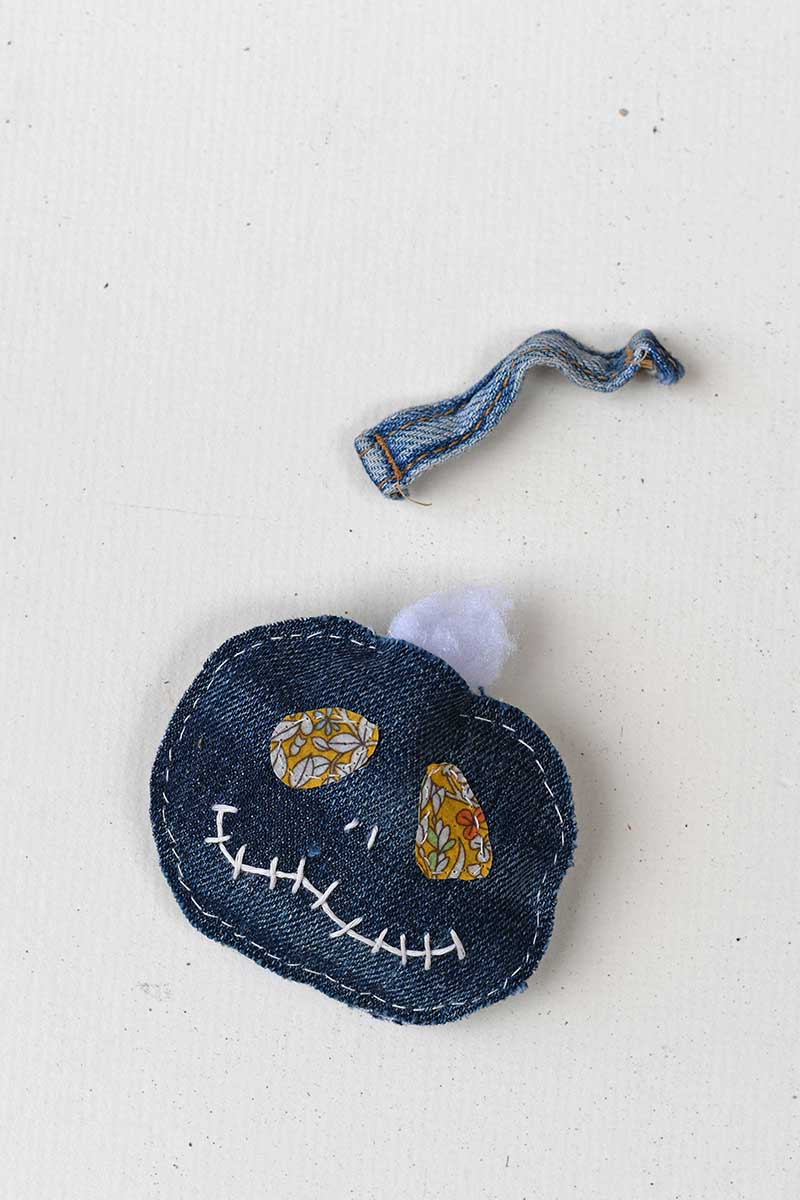 adding belt loop to denim pumpkin key chain