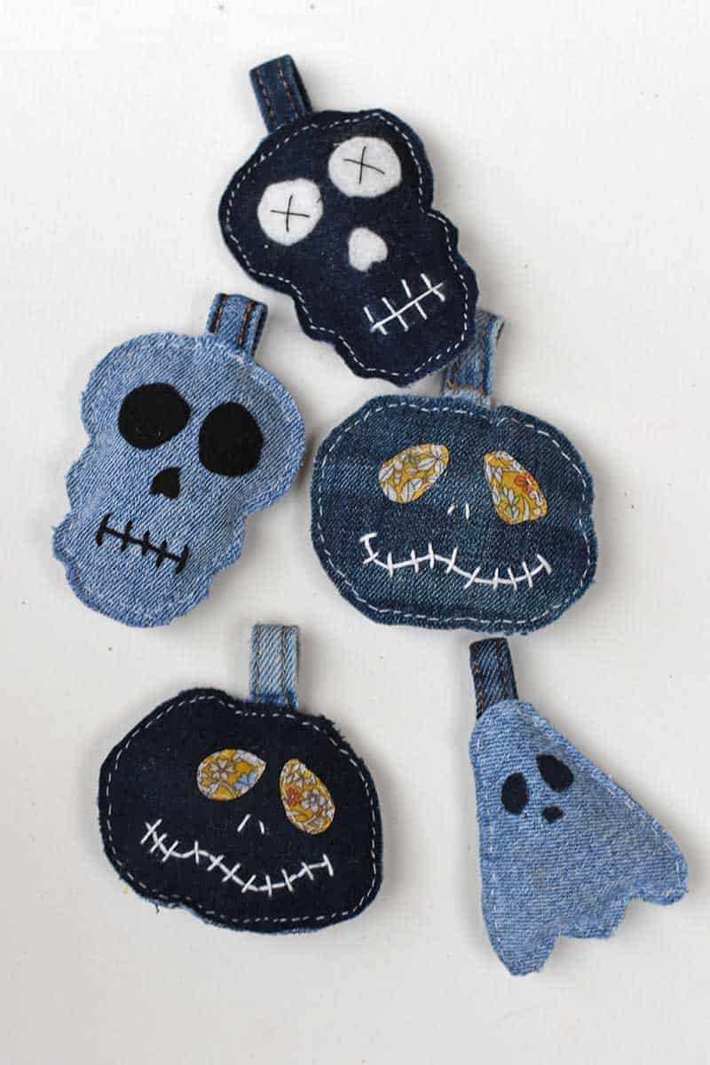 all halloween denim keychains on white